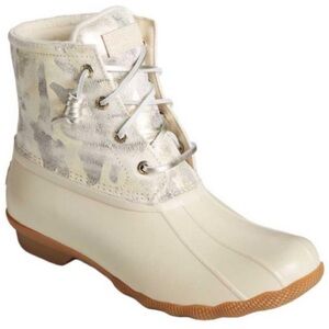 NEW Sperry Saltwater Met Camo Ivory Duck Boots - Size 7 - cream, Silver, Gold